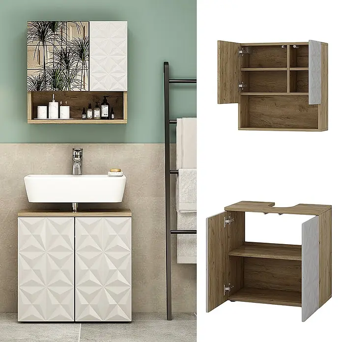 Vicco Badmöbel-Set Edge Weiß 2 Teile - Gesamtbreite Badmöbel: 60 cm, Weiß, Matt - Modernes Badmöbel-Set in Holzoptik mit geometrisch gemusterten weißen Türen: Waschtischunterschrank und Spiegelschrank.