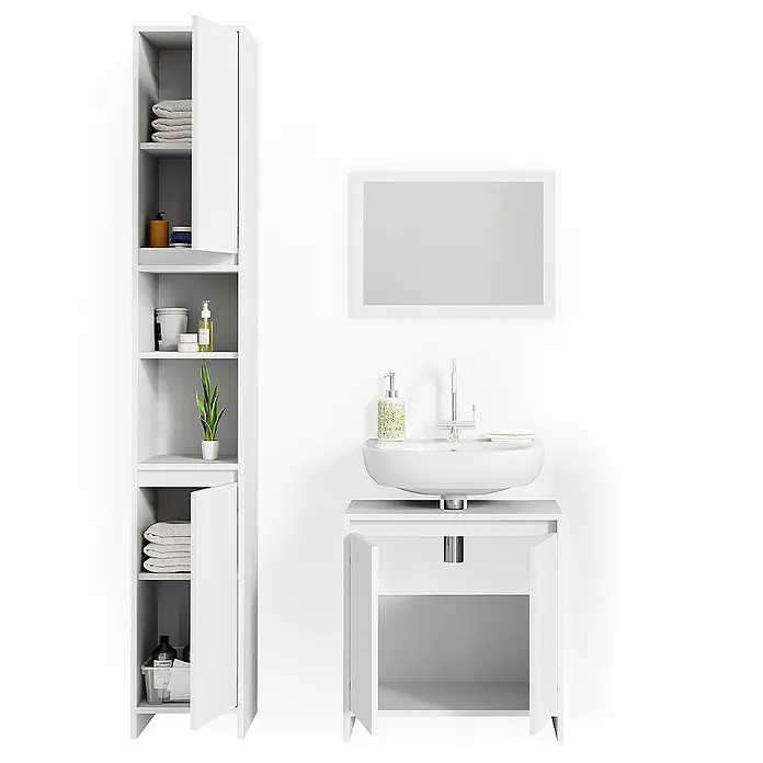 Vicco Badmöbel-Set Emma Weiß 3er Set - Weiß, Matt - Weißes Badmöbel-Set: hoher Hochschrank, Waschtischunterschrank mit Waschbecken und Spiegel. Modernes und funktionales Design.