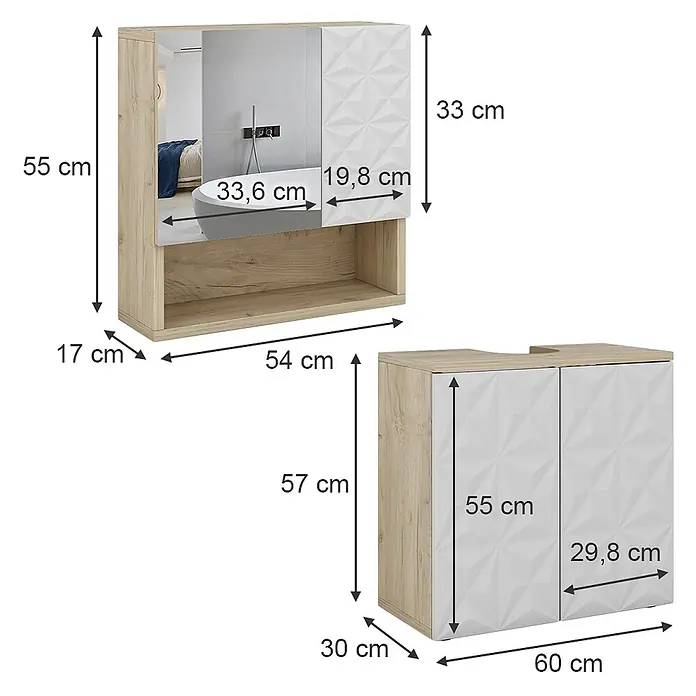 Vicco Badmöbel-Set Edge Weiß 2 Teile - Gesamtbreite Badmöbel: 60 cm, Weiß, Matt - Zwei Badschränke aus heller Holzoptik und weiß, mit geometrischem Muster, inklusive Spiegelschrank und Waschtischunterschrank.