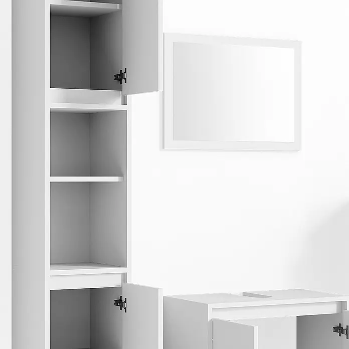 Vicco Badmöbel-Set Emma Weiß 3er Set - Weiß, Matt - Weißes Badmöbel-Set mit hohem Schrank mit offenen Fächern, einem Waschtischunterschrank und einem gerahmten Spiegel.