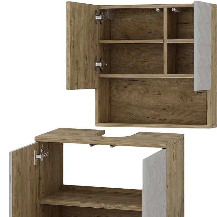 Vicco Badmöbel-Set Edge Weiß 2 Teile - Gesamtbreite Badmöbel: 60 cm, Weiß, Matt - Zweiteiliges helles Holz-Badezimmermöbel-Set mit weißen gemusterten Türen, Oberschrank und Waschtischunterschrank mit Siphon-Ausschnitt.