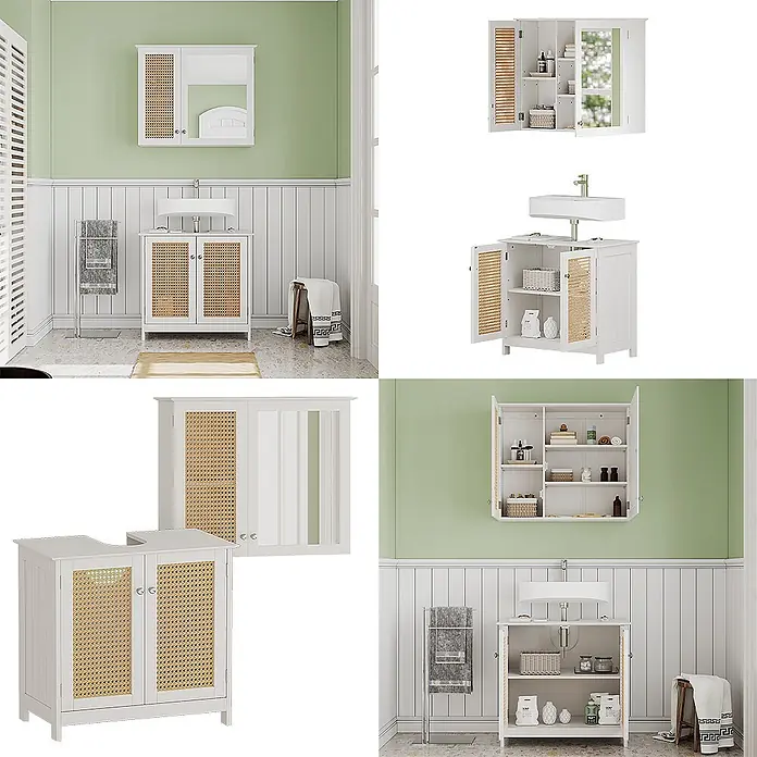 Vicco Badmöbel-Set Rosario Weiß 2 teilig - Gesamtbreite Badmöbel: 60 cm, Weiß, Matt - Weißes Badmöbel-Set mit Waschtischunterschrank und Hängeschrank, Akzente aus Rattan.