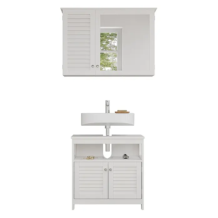 Vicco Badmöbel-Set Riad Weiß 2 Teile, Unterschrank mit Zwischenablage - Gesamtbreite Badmöbel: 60 cm, Weiß, Matt - Weißes Badezimmer-Waschtischset: Wandschrank mit Lamellentür und Spiegel, Unterschrank mit Waschbecken und Lamellentüren.