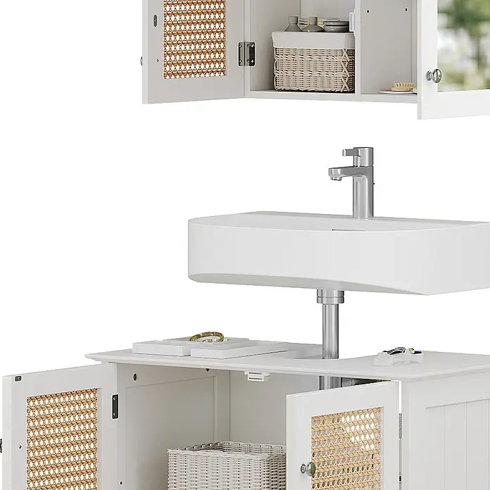 Vicco Badmöbel-Set Rosario Weiß 2 teilig - Gesamtbreite Badmöbel: 60 cm, Weiß, Matt - Weißer Badunterschrank mit Waschbecken, Armatur und Oberschrank. Verfügt über Türen mit geflochtenen Rohreinsätzen für stilvollen Stauraum.