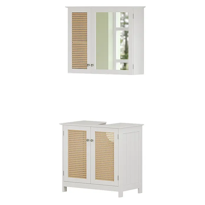 Vicco Badmöbel-Set Rosario Weiß 2 teilig - Gesamtbreite Badmöbel: 60 cm, Weiß, Matt - Weißes Badmöbelset mit Waschtischunterschrank und Hängeschrank, Naturrattan-Paneelen und Spiegeltür.