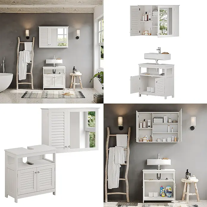 Vicco Badmöbel-Set Riad Weiß 2 Teile, Unterschrank mit Zwischenablage - Gesamtbreite Badmöbel: 60 cm, Weiß, Matt - Weißes Badezimmer-Waschtischset mit Waschbeckenunterschrank und Spiegelschrank, mit Lamellentüren für Stauraum.