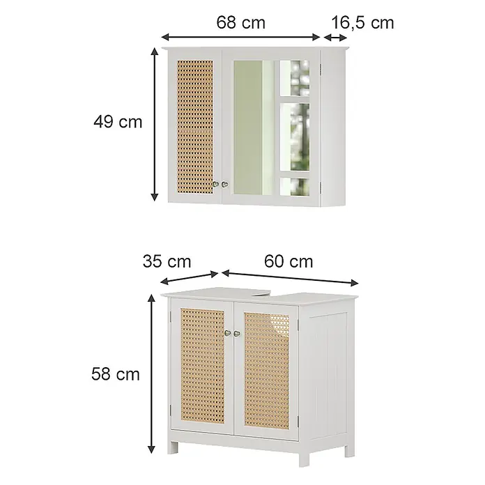 Vicco Badmöbel-Set Rosario Weiß 2 teilig - Gesamtbreite Badmöbel: 60 cm, Weiß, Matt - Zwei weiße Badezimmerschränke mit Rattantüren. Wandschrank (H49 B68 T16.5 cm) mit Spiegeltür. Unterschrank (H58 B60 T35 cm) für Waschbecken.