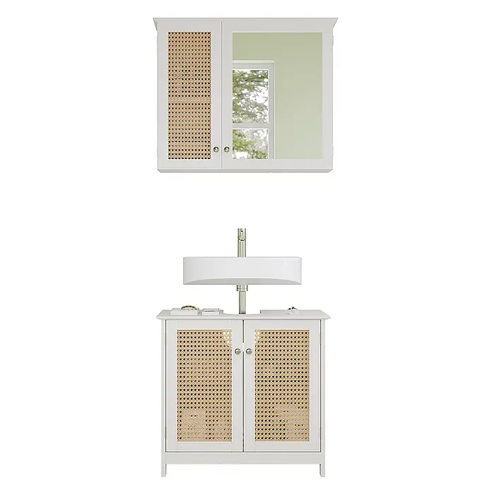 Vicco Badmöbel-Set Rosario Weiß 2 teilig - Gesamtbreite Badmöbel: 60 cm, Weiß, Matt - Weißes Badezimmer-Waschtischset mit Medizinschrank (Spiegel, Rattantür) und Waschtischunterschrank (Rattantüren) mit weißem Becken.