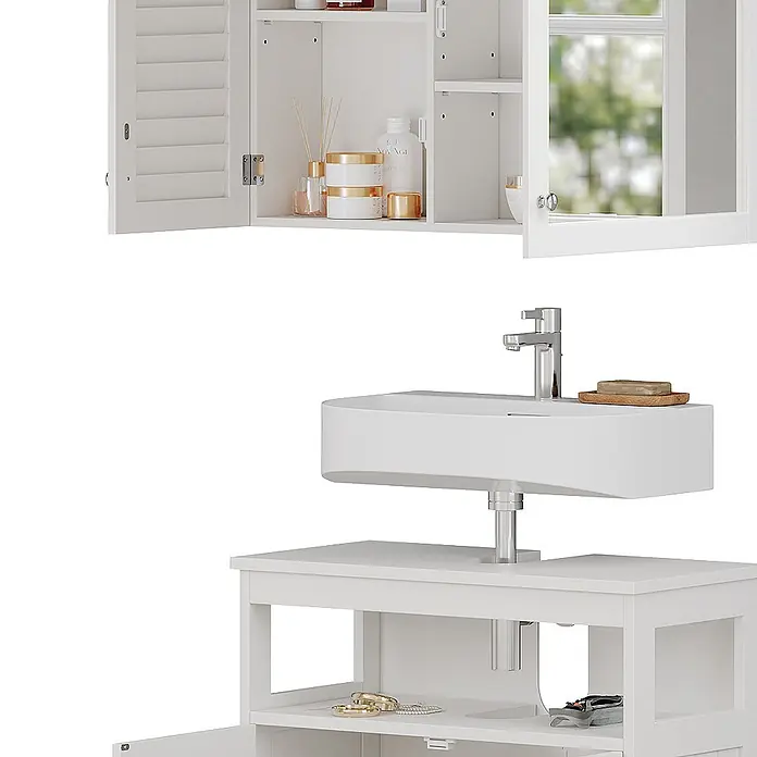 Vicco Badmöbel-Set Riad Weiß 2 Teile, Unterschrank mit Zwischenablage - Gesamtbreite Badmöbel: 60 cm, Weiß, Matt - Weißer Badunterschrank mit Waschbecken, Chromarmatur und passendem Wandschrank mit Lamellen- und Glastüren.