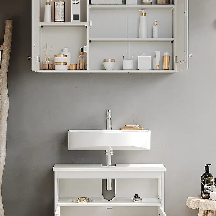 Vicco Badmöbel-Set Riad Weiß 2 Teile, Unterschrank mit Zwischenablage - Gesamtbreite Badmöbel: 60 cm, Weiß, Matt - Weißer Badunterschrank mit integriertem Waschbecken und offenem Wandschrank mit Toilettenartikeln.