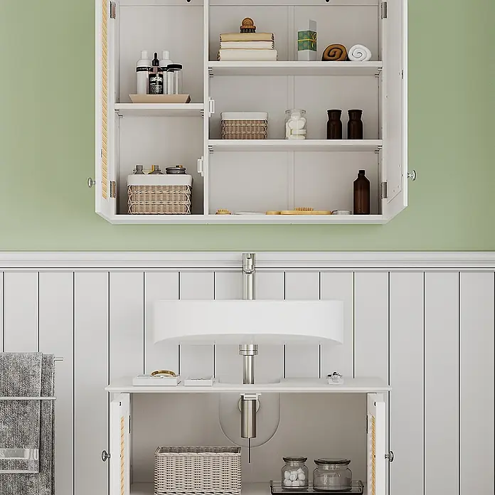Vicco Badmöbel-Set Rosario Weiß 2 teilig - Gesamtbreite Badmöbel: 60 cm, Weiß, Matt - Weißer Badschrank und Waschtisch mit offenen Türen, zeigt Ablagen mit Toilettenartikeln und Körben.