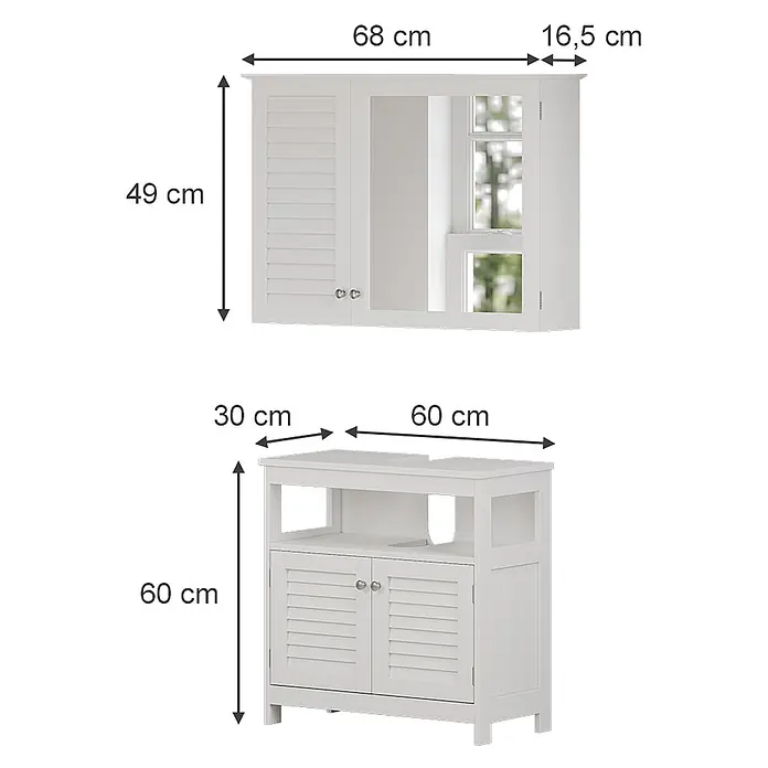 Vicco Badmöbel-Set Riad Weiß 2 Teile, Unterschrank mit Zwischenablage - Gesamtbreite Badmöbel: 60 cm, Weiß, Matt - Weißes Badmöbel-Set: Wandspiegelschrank und Waschtischunterschrank mit Lamellentüren.