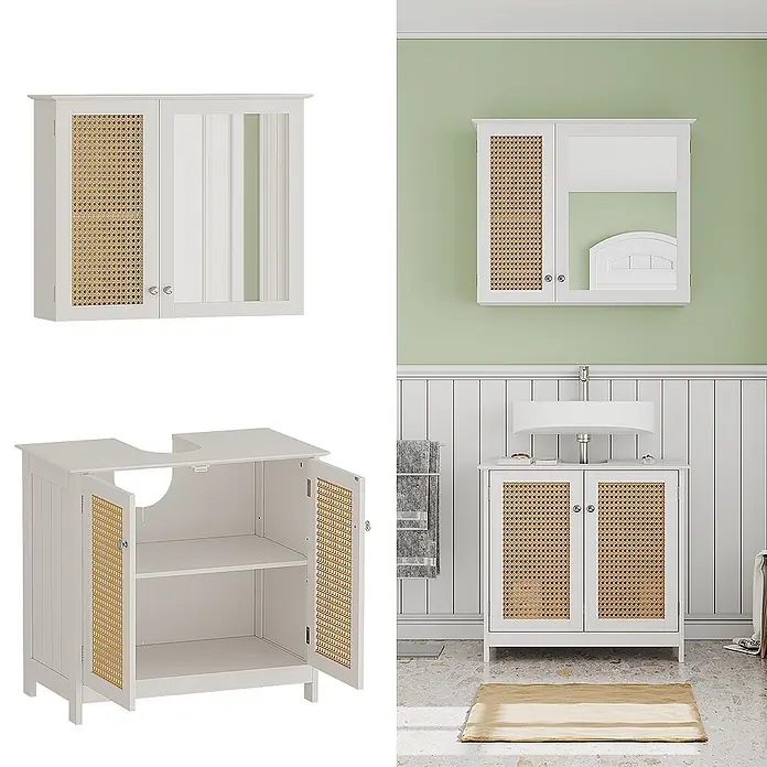 Vicco Badmöbel-Set Rosario Weiß 2 teilig - Gesamtbreite Badmöbel: 60 cm, Weiß, Matt - Weißer Badezimmerschrank mit Rattantüren und passender Spiegelschrank mit Rattandetails.