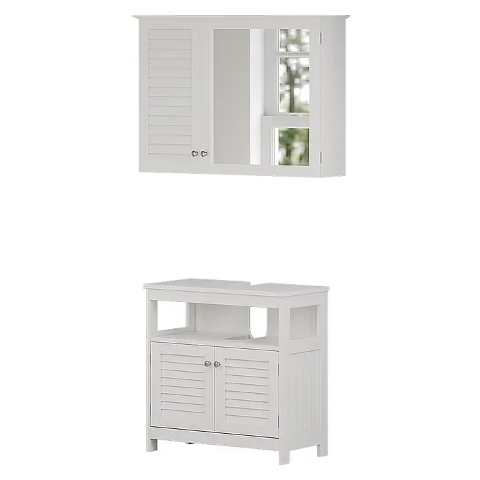 Vicco Badmöbel-Set Riad Weiß 2 Teile, Unterschrank mit Zwischenablage - Gesamtbreite Badmöbel: 60 cm, Weiß, Matt - Weißer Badunterschrank mit Lamellentüren und passendem wandmontiertem Spiegelschrank.