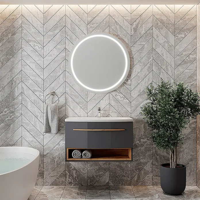 Vicco Badmöbel-Set Stelantis Anthrazit 2 Teile - Gesamtbreite Badmöbel: 80 cm, Anthrazit, Matt - Moderne wandmontierte dunkelgraue Badezimmer-Waschtisch mit weißem Waschbecken, Holzdetails und offenem Regal für Handtücher.
