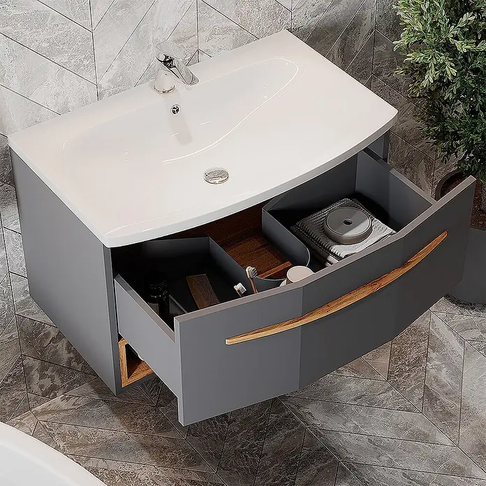 Vicco Badmöbel-Set Stelantis Anthrazit 2 Teile - Gesamtbreite Badmöbel: 80 cm, Anthrazit, Matt - Grauer Waschtischunterschrank mit weißem Waschbecken und offener Schublade mit Organisatoren, Toilettenartikeln und Holzgriff.