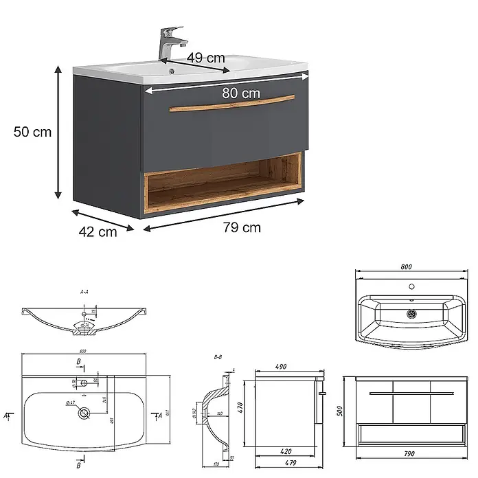 Vicco Badmöbel-Set Stelantis Anthrazit 2 Teile - Gesamtbreite Badmöbel: 80 cm, Anthrazit, Matt - Moderner dunkelgrauer Badunterschrank mit integriertem weißen Waschbecken und offener Holzablage.