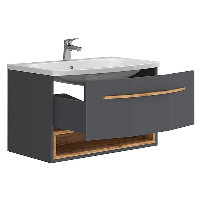 Vicco Badmöbel-Set Stelantis Anthrazit 2 Teile - Gesamtbreite Badmöbel: 80 cm, Anthrazit, Matt - Dunkelgrauer Badunterschrank mit weißem Keramikwaschbecken, teilweise geöffneter Schublade mit Holzgriff und offenem Holzregal.
