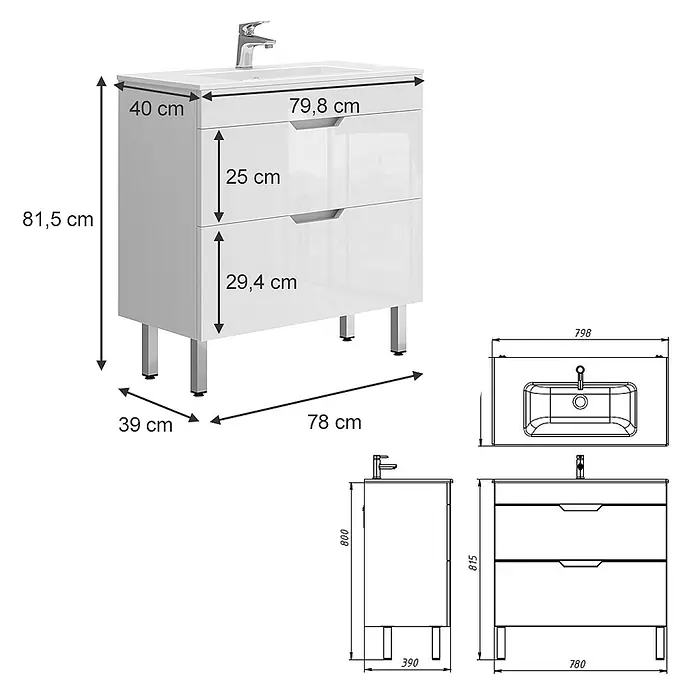 Vicco Badmöbel-Set Clayton Weiß 2 Teile, Unterschrank 80 cm - Gesamtbreite Badmöbel: 78 cm, Weiß, Matt - Weißer Badunterschrank mit zwei Schubladen und integriertem Waschbecken, bemaßt.