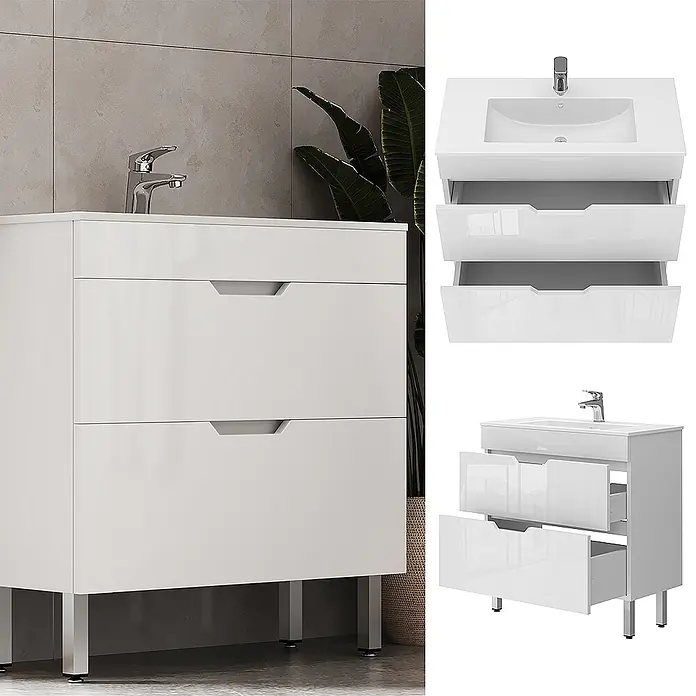 Vicco Badmöbel-Set Clayton Weiß 2 Teile, Unterschrank 80 cm - Gesamtbreite Badmöbel: 78 cm, Weiß, Matt - Weißer Badezimmerschrank mit integriertem Waschbecken, Armatur und drei Schubladen auf Metallbeinen.
