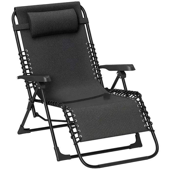 Outsunny Garten-Liegestuhl - Metall, Textelin, Klappbar, Schwarz, B x T x H: 65 x 160 x 112 cm - Schwarzer Textilene-Liegestuhl mit robustem Metallrahmen und verstellbarer Kopfstütze für optimalen Komfort.