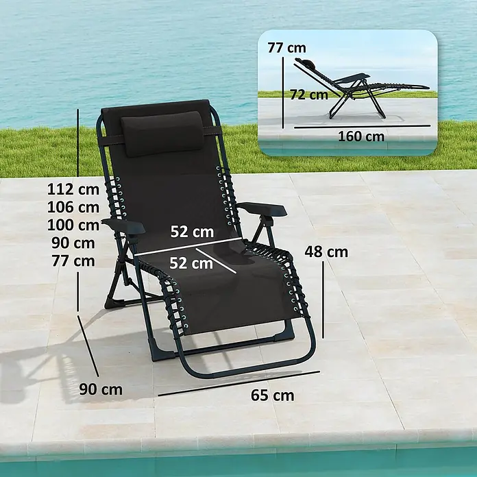 Outsunny Garten-Liegestuhl - Metall, Textelin, Klappbar, Schwarz, B x T x H: 65 x 160 x 112 cm - Schwarzer Zero-Gravity-Stuhl mit Maßen am Pool. Eingeblendet: zusammengeklappter Stuhl mit Maßen.