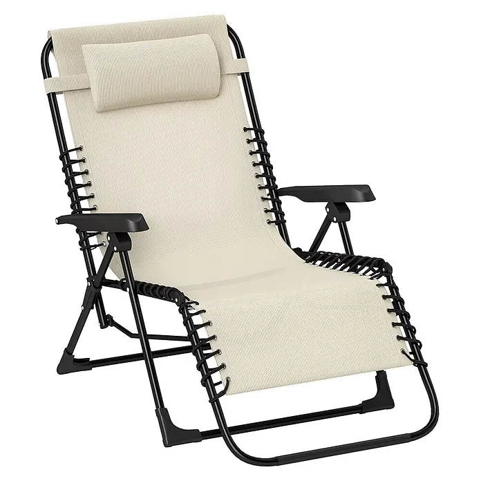 Outsunny Garten-Liegestuhl - Metall, Textelin, Klappbar, Beige, B x T x H: 65 x 160 x 112 cm - Beiger Schwerelosigkeits-Liegestuhl mit schwarzem Gestell und Kopfstütze.