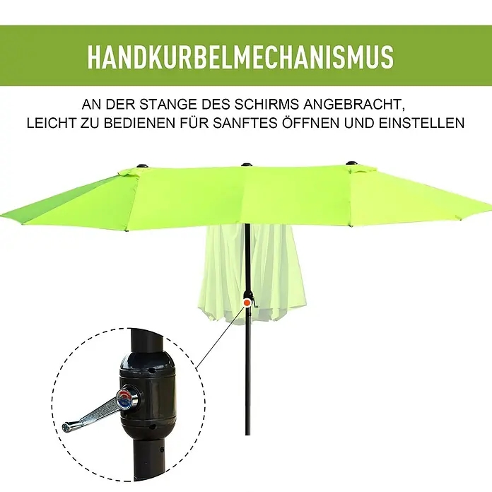 Outsunny Marktschirm - Grün - Grünfarbener Sonnenschirm mit Handkurbelmechanismus an der Stange zum einfachen Öffnen und Einstellen.