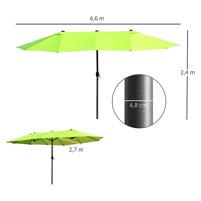Outsunny Marktschirm - Grün - Grüner rechteckiger Terrassenschirm, 4,6 m lang, 2,7 m breit, 2,4 m hoch, mit 4,8 cm Mast.