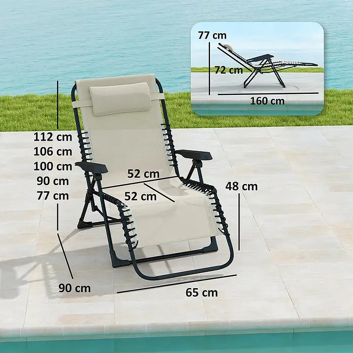 Outsunny Garten-Liegestuhl - Metall, Textelin, Klappbar, Beige, B x T x H: 65 x 160 x 112 cm - Beiger Liegestuhl mit schwarzem Gestell und Maßen, am Pool gezeigt. Einsatz zeigt ihn ganz zurückgelehnt.