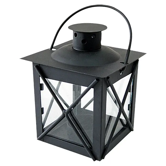 Farolillo metálico - 10 × 10 × 13 cm - Elegante farol negro con paneles de vidrio y una práctica asa de transporte para iluminación ambiental.