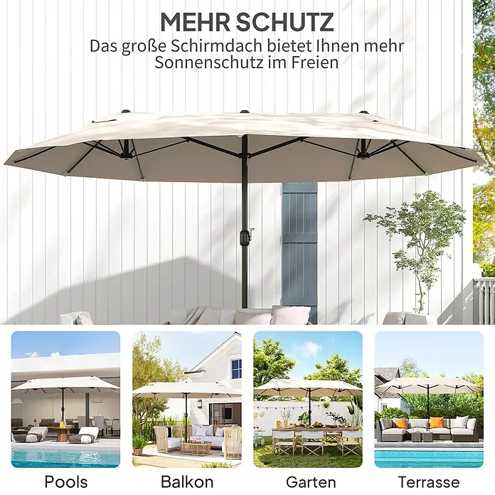 Outsunny Marktschirm - Beige - Großer beigefarbener rechteckiger Sonnenschirm, der Schatten über verschiedene Außenbereiche wie Pools, Balkone, Gärten und Terrassen spendet.