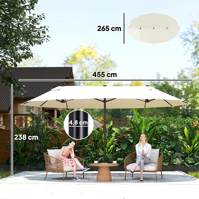 Outsunny Marktschirm - Beige - Großer rechteckiger beiger Sonnenschirm spendet zwei Frauen Schatten. Maße: 455x265 cm, Höhe 238 cm, Stange 4,8 cm.
