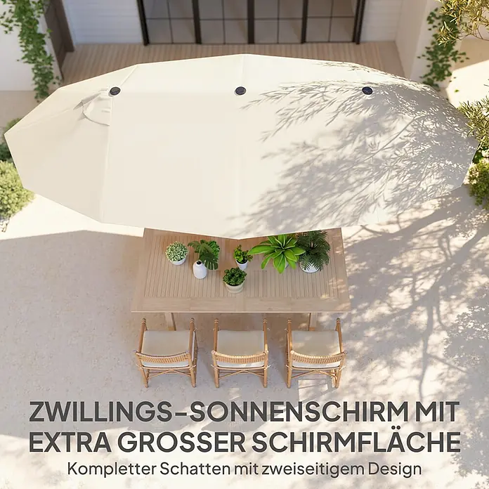 Outsunny Marktschirm - Beige - Großer, hellbeiger Zwillings-Sonnenschirm spendet Schatten über einer Outdoor-Essgruppe.