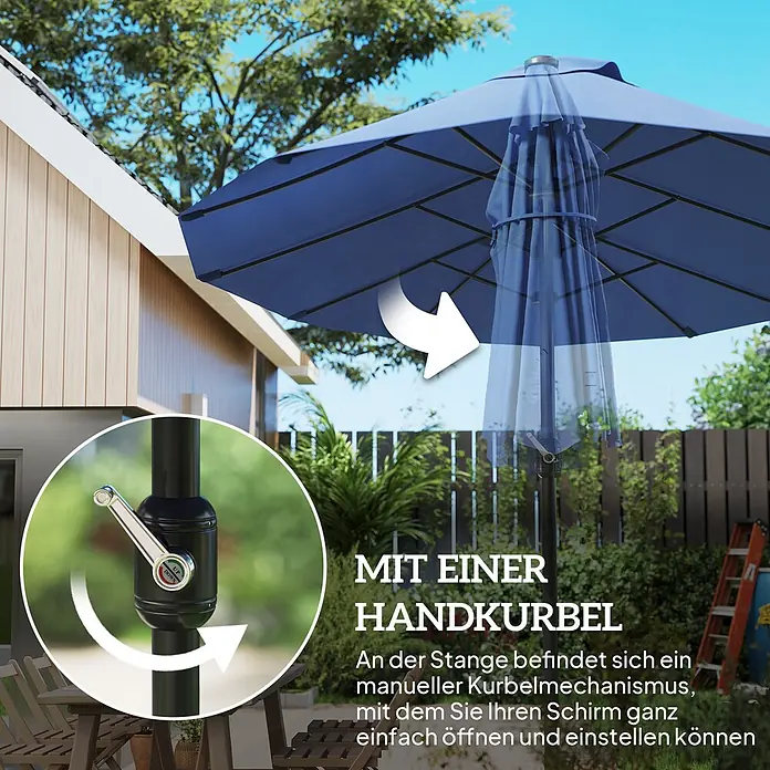 Outsunny Marktschirm - Blau - Blauer Sonnenschirm mit manueller Handkurbel zum einfachen Öffnen und Einstellen.