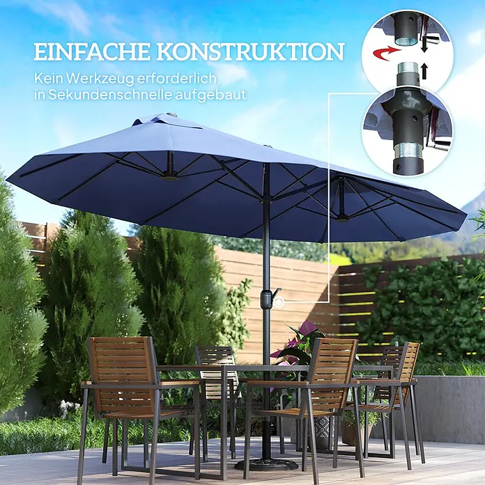 Outsunny Marktschirm - Blau - Großer blauer Doppel-Terrassenschirm beschattet eine Outdoor-Essgruppe. Einsatz zeigt seine einfache, werkzeuglose Montage.
