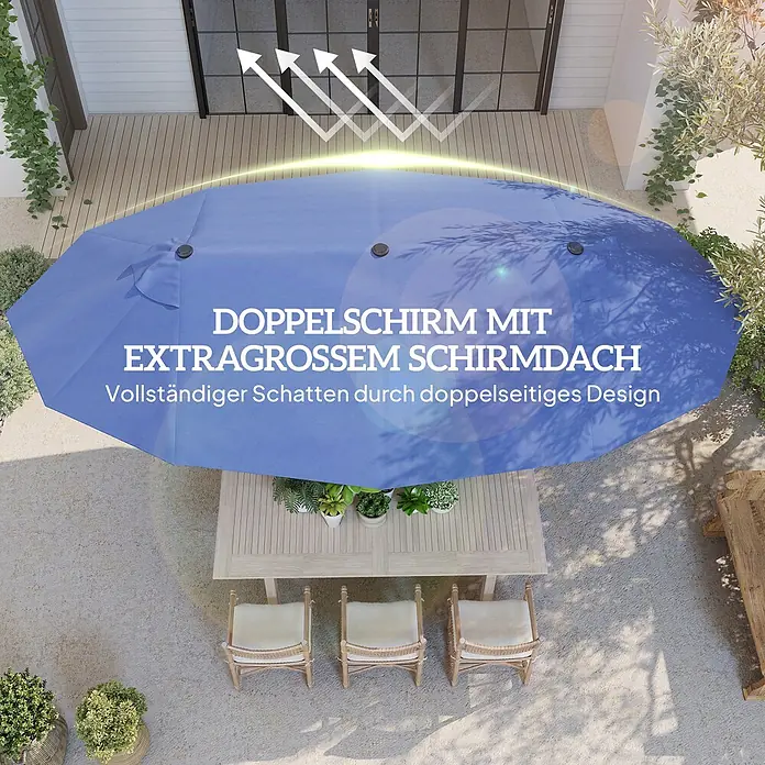 Outsunny Marktschirm - Blau - Blauer Doppelschirm mit extragroßem Schirmdach spendet vollen Schatten über einem Esstisch im Freien.