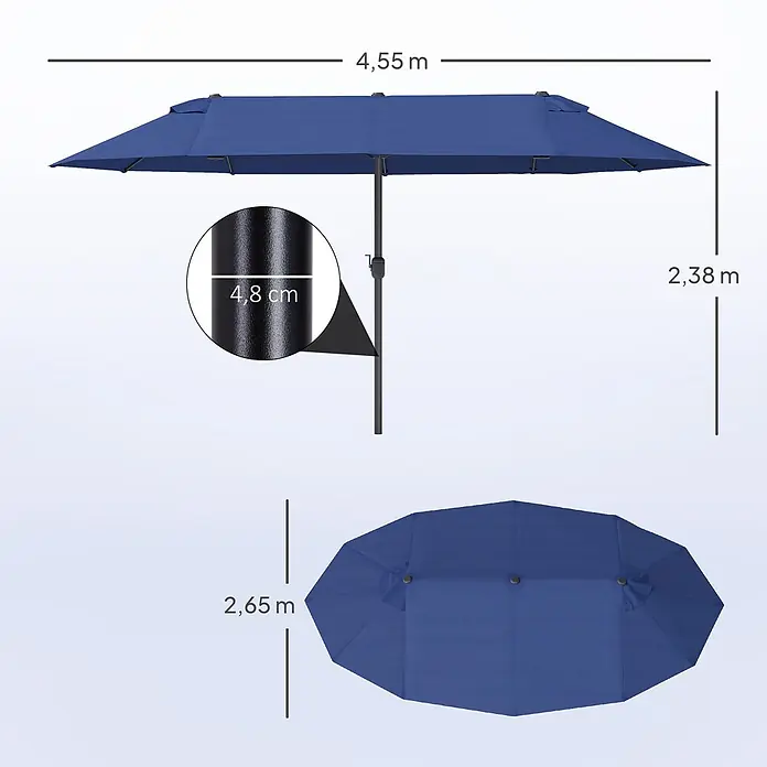 Outsunny Marktschirm - Blau - Blauer rechteckiger Terrassenschirm, 4,55m x 2,65m, mit 4,8cm Stange.