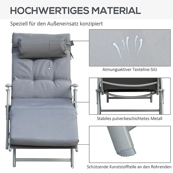 Outsunny Gartenliege - Grau, Metall, Rückenlehne verstellbar - Graue Outdoor-Liege aus atmungsaktivem Texteline, pulverbeschichtetem Metallrahmen und schützenden Fußkappen.