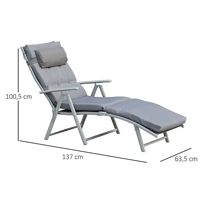 Outsunny Gartenliege - Grau, Metall, Rückenlehne verstellbar - Graue Metall-Liege mit gepolsterten Kissen und verstellbarer Rückenlehne, Maße sind angezeigt.