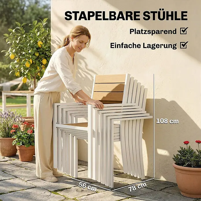 Outsunny Gartentisch-Set - Gesamtumfang: 7 -tlg., Aluminium, Kunstholz - Stapelbare Stühle mit weißen Gestellen und Holzsitzen. Eine Frau demonstriert draußen die platzsparende Lagerung.