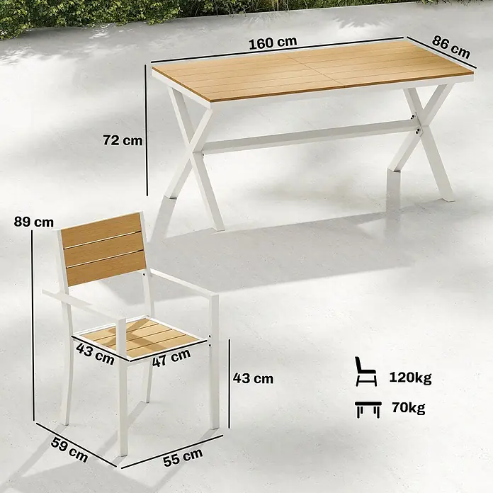 Outsunny Gartentisch-Set - Gesamtumfang: 7 -tlg., Aluminium, Kunstholz - Weißes Metall-Outdoor-Esstischset mit Holztisch und Stuhl, mit Abmessungen und Tragfähigkeiten.