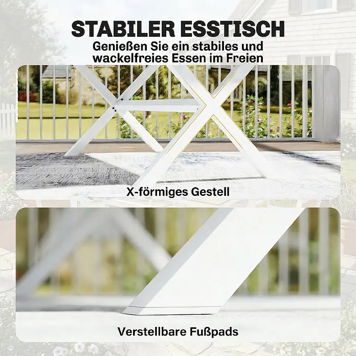 Outsunny Gartentisch-Set - Gesamtumfang: 7 -tlg., Aluminium, Kunstholz - Weißes Esstischgestell mit X-förmigem Rahmen und verstellbaren Füßen für stabiles Essen im Freien.