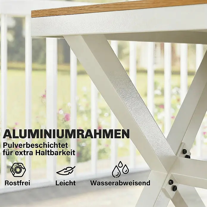 Outsunny Gartentisch-Set - Gesamtumfang: 7 -tlg., Aluminium, Kunstholz - Nahaufnahme eines pulverbeschichteten Aluminium-X-Tischbeins, das seine rostfreien, leichten und wasserabweisenden Eigenschaften hervorhebt.