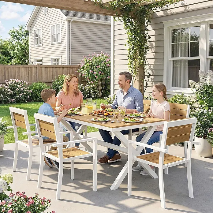 Outsunny Gartentisch-Set - Gesamtumfang: 7 -tlg., Aluminium, Kunstholz - Weißes und holzfarbenes Terrassen-Ess-Set mit Tisch und vier Stühlen, das von einer Familie im Freien genutzt wird.