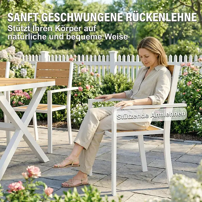 Outsunny Gartentisch-Set - Gesamtumfang: 7 -tlg., Aluminium, Kunstholz - Frau entspannt sich auf einem Gartenstuhl mit weißem Rahmen und Holzlatten, neben passendem Tisch. Mit stützenden Armlehnen und gekrümmter Rückenlehne.