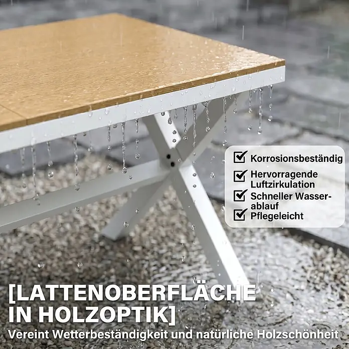 Outsunny Gartentisch-Set - Gesamtumfang: 7 -tlg., Aluminium, Kunstholz - Wetterfester Gartentisch mit Lattenplatte in Holzoptik und weißem Gestell, Wasser perlt im Regen ab.