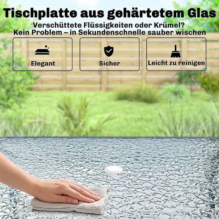 Outsunny Gartentisch-Set - Gesamtumfang: 8 -tlg., Stahl, Netzstoff, Polyester, Gehärtetes Glas, Klappbar - Hand wischt eine strukturierte Tischplatte aus gehärtetem Glas sauber, betont die pflegeleichte Oberfläche.