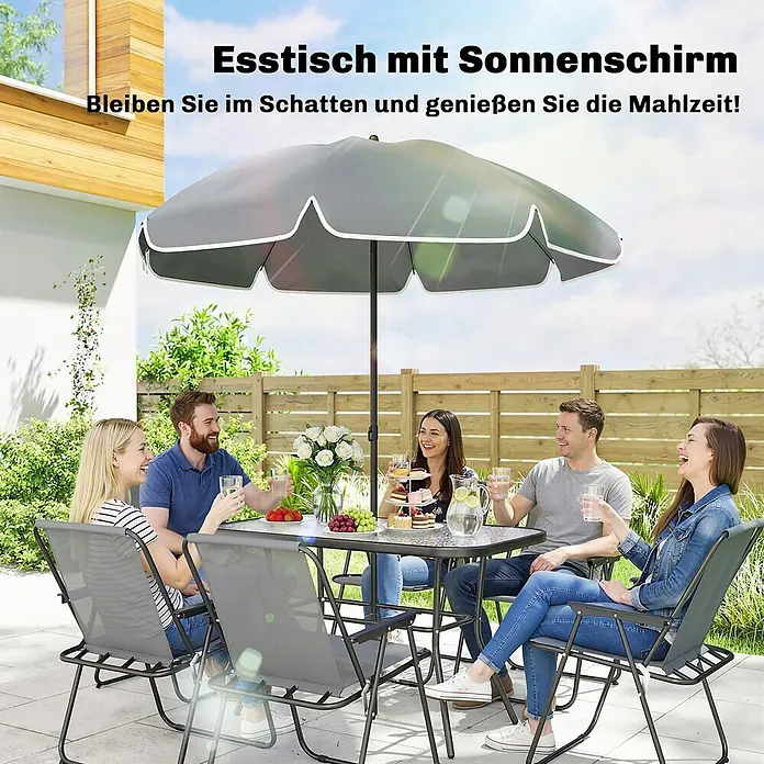Outsunny Gartentisch-Set - Gesamtumfang: 8 -tlg., Stahl, Netzstoff, Polyester, Gehärtetes Glas, Klappbar - Ein Esstisch mit grauem Sonnenschirm, umgeben von Personen, die draußen eine Mahlzeit und Getränke genießen.