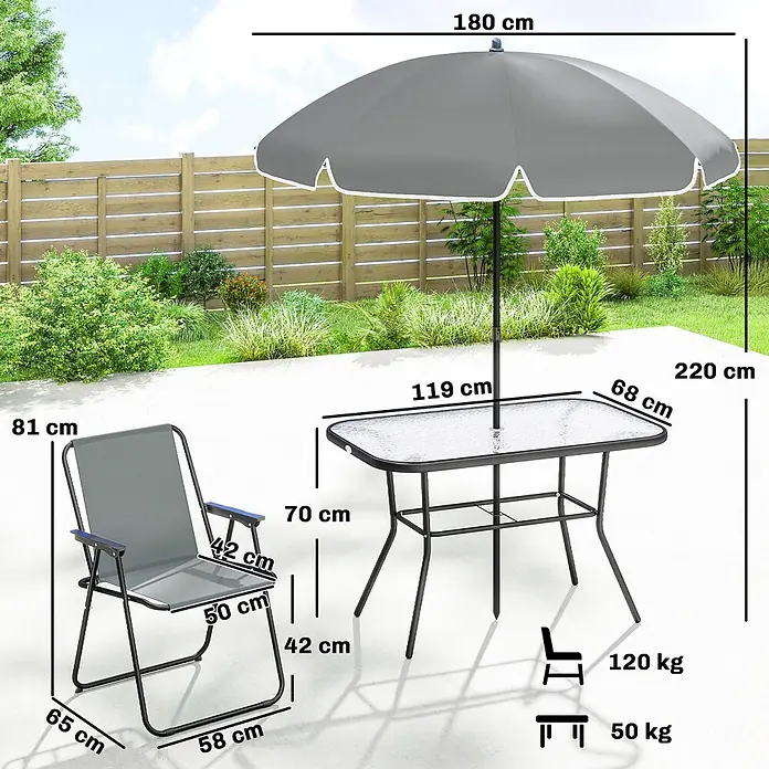 Outsunny Gartentisch-Set - Gesamtumfang: 8 -tlg., Stahl, Netzstoff, Polyester, Gehärtetes Glas, Klappbar - Grauer Gartenschirm, Glastisch und Klappstuhl mit Maßen und Gewichtsgrenzen, auf einer Außenterrasse.